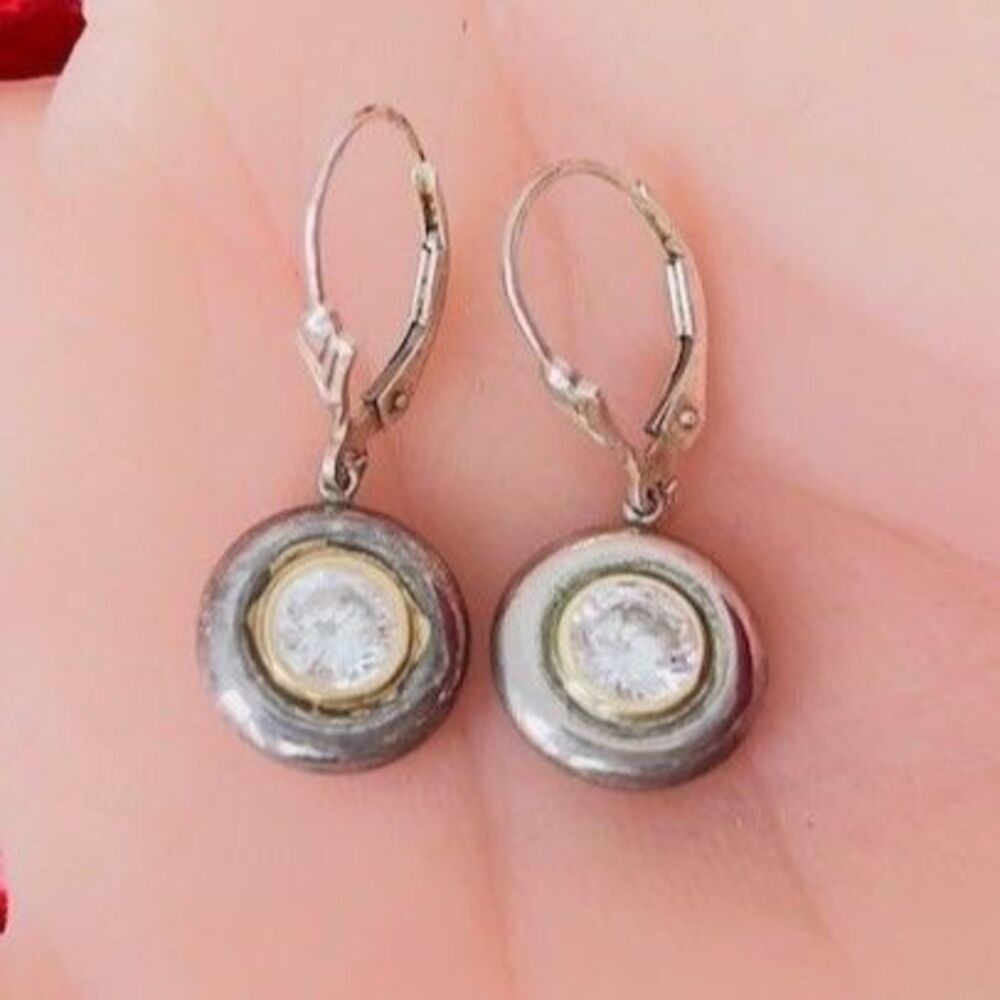 John Medeiros Two-Tone Bezel Drop Leverback Earrings Clear CZ Silver